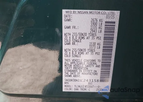 2025 Nissan Pathfinder Platinum Fwd z USA, uszkodzony, nr VIN 5N1DR3DH1SC243158